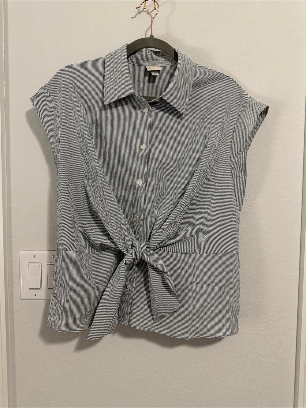 a new day Light Blue Striped Button-Front Tie-Waist Cap Sleeve Top